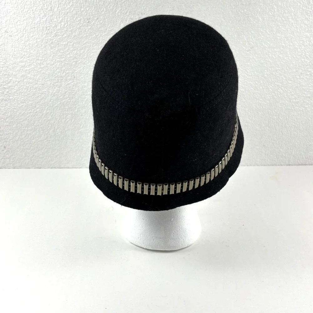 Magid Hats Cloche Bucket Hat Womens OS Black Wool Blend Studded Trim‎ Flapper